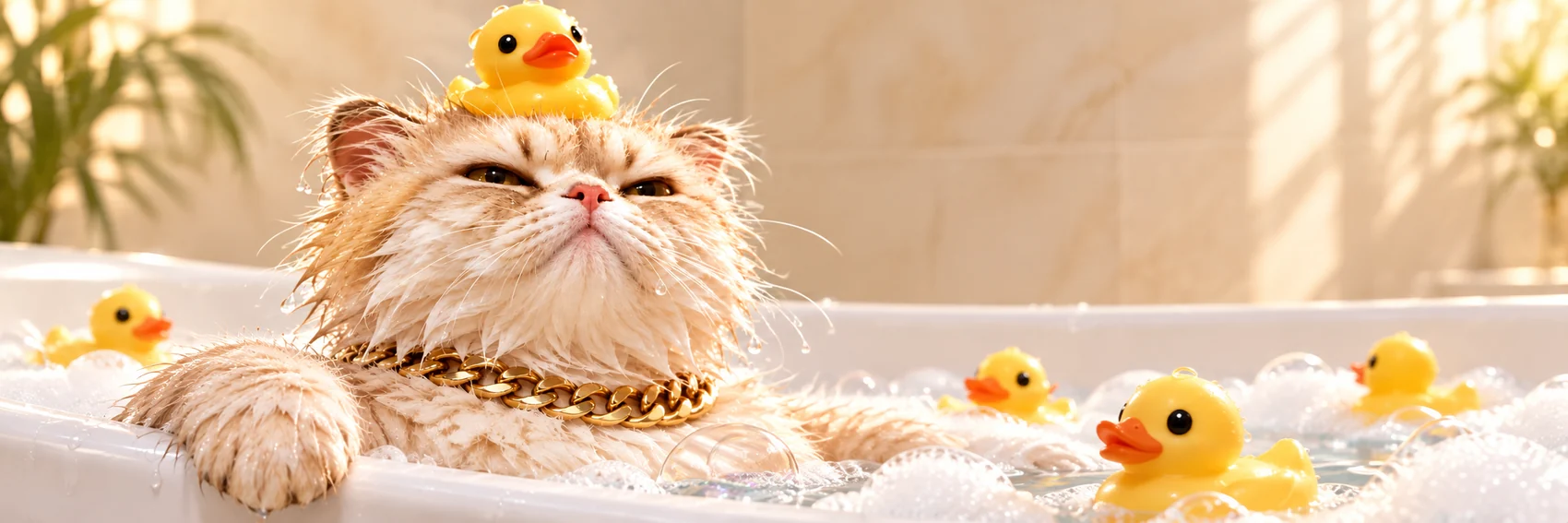 The cat reclining in a foam-filled bathtub with rubber ducks floating around him.