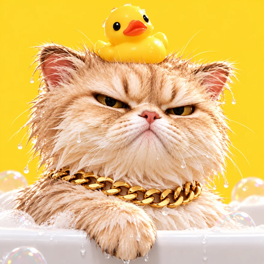 A soaking wet cream-coloured cat glaring straight ahead, a yellow rubber duck balanced on its head and a heavy gold chain around its neck.