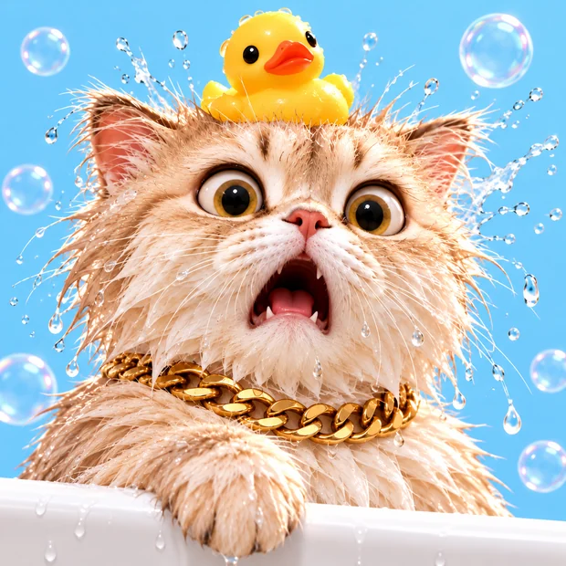 The cat with wide round eyes and mouth open in shock, water splashing around him.