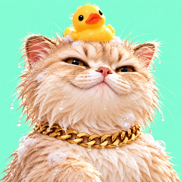The cat with half-closed eyes and chin lifted, looking thoroughly pleased with himself.