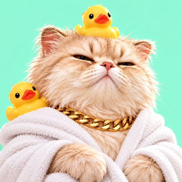 The cat wrapped in a white towelling robe with a duck on each side, eyes closed, fully relaxed.